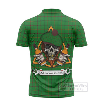 Don Tartan Zipper Polo Shirt with Family Crest and Bearded Skull Holding Bottles of Whiskey