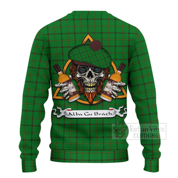 Don Tartan Ugly Sweater with Family Crest and Bearded Skull Holding Bottles of Whiskey