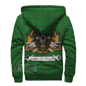 Don Tartan Sherpa Hoodie with Family Crest and Bearded Skull Holding Bottles of Whiskey