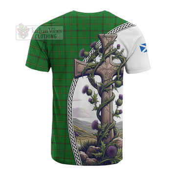 Don Tartan Cotton T-shirt with Family Crest and St. Andrew's Cross Accented by Thistle Vines - Tartan Vibes Clothing