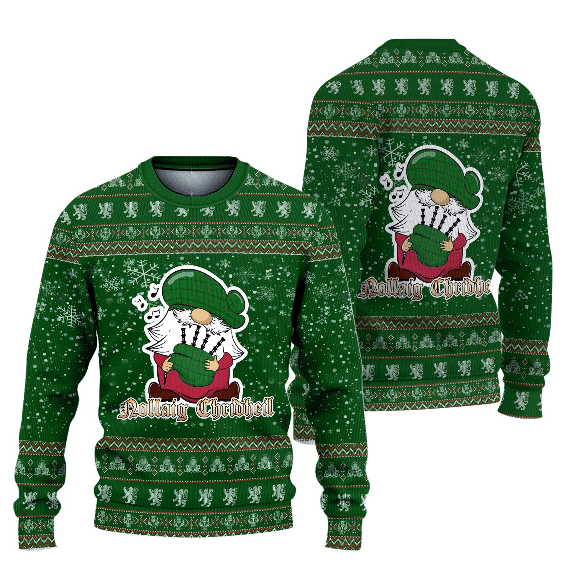 Don Clan Christmas Family Knitted Sweater with Funny Gnome Playing Bagpipes Unisex Green - Tartanvibesclothing