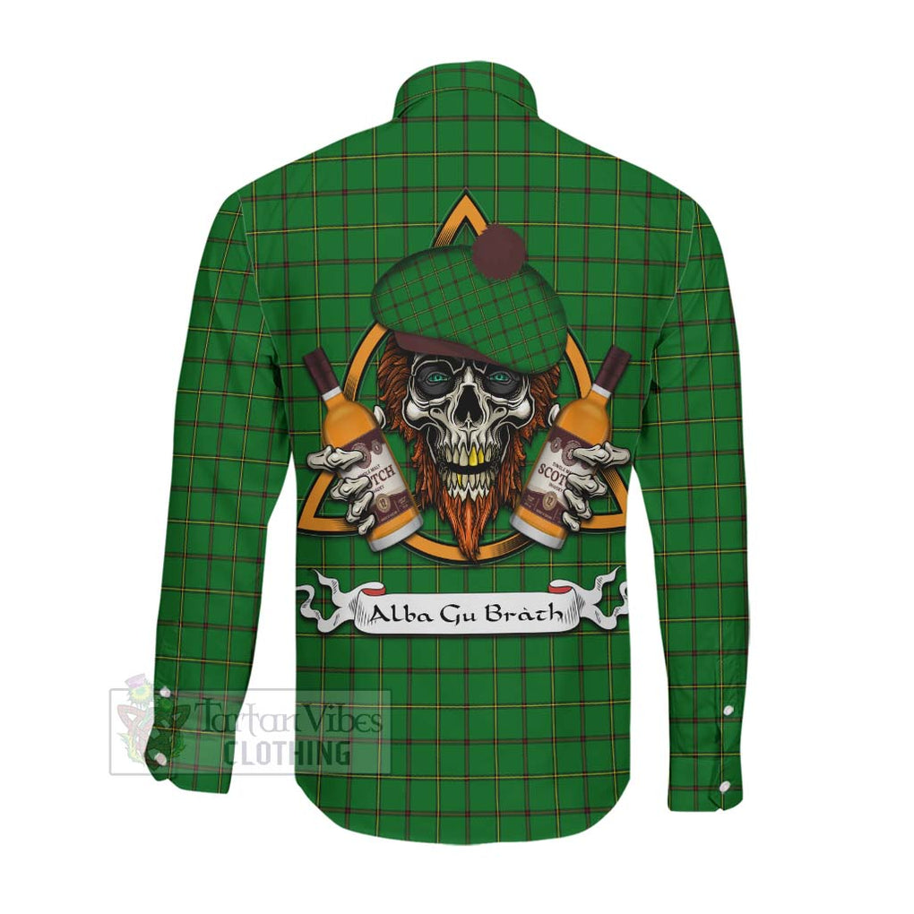 Tartan Vibes Clothing Don Tartan Long Sleeve Button Shirt with Family Crest and Bearded Skull Holding Bottles of Whiskey