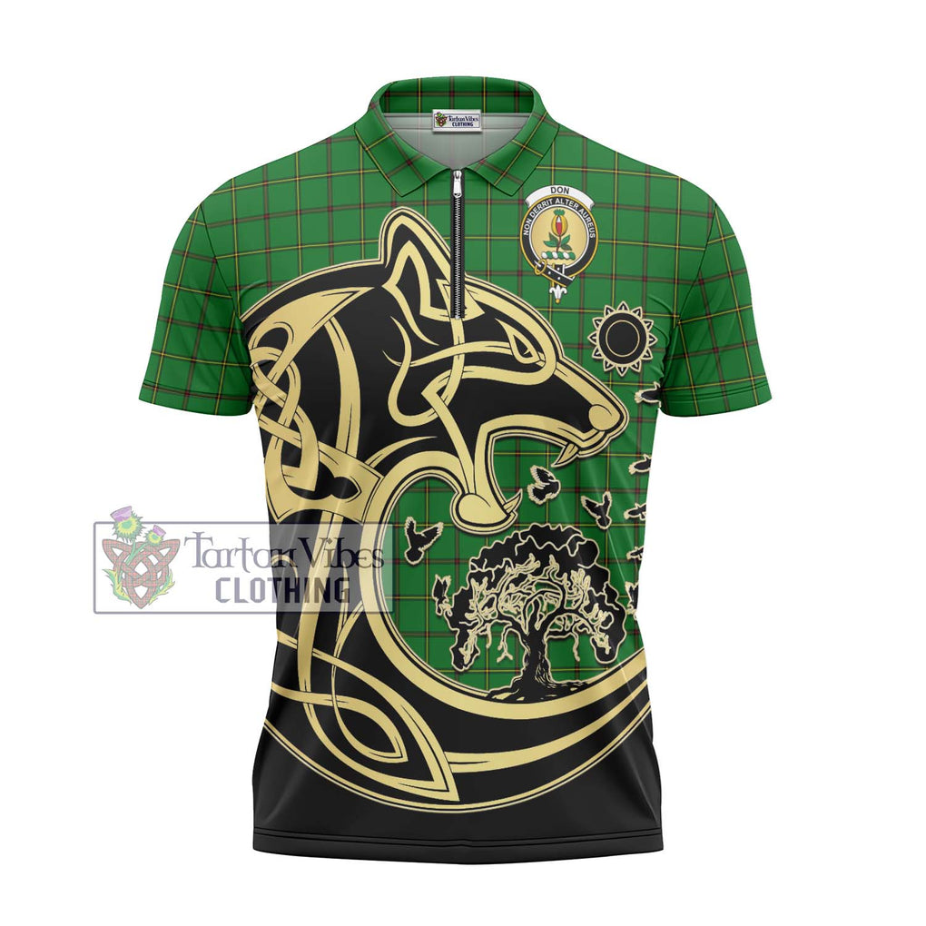 Don Tartan Zipper Polo Shirt with Family Crest Celtic Wolf Style - Tartanvibesclothing Shop