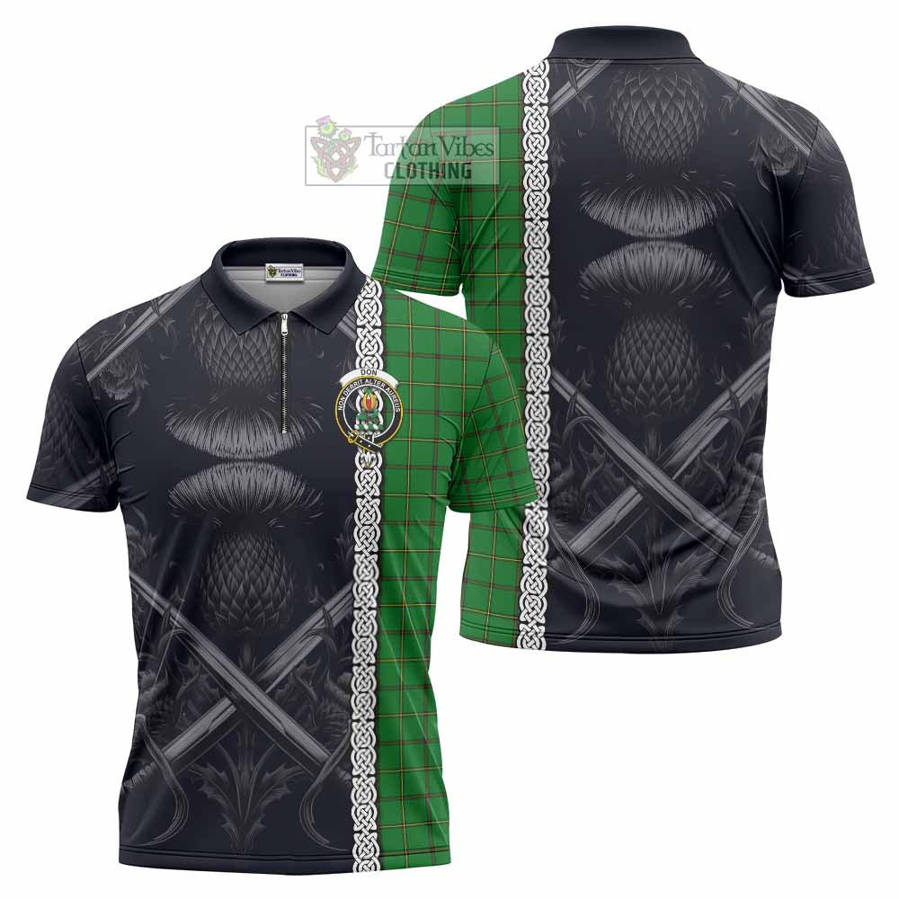 Tartan Vibes Clothing Don Tartan Zipper Polo Shirt with Family Crest Cross Sword Thistle Celtic Vibes