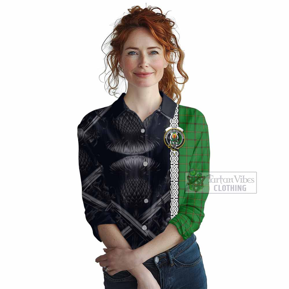 Tartan Vibes Clothing Don Tartan Women's Casual Shirt with Family Crest Cross Sword Thistle Celtic Vibes