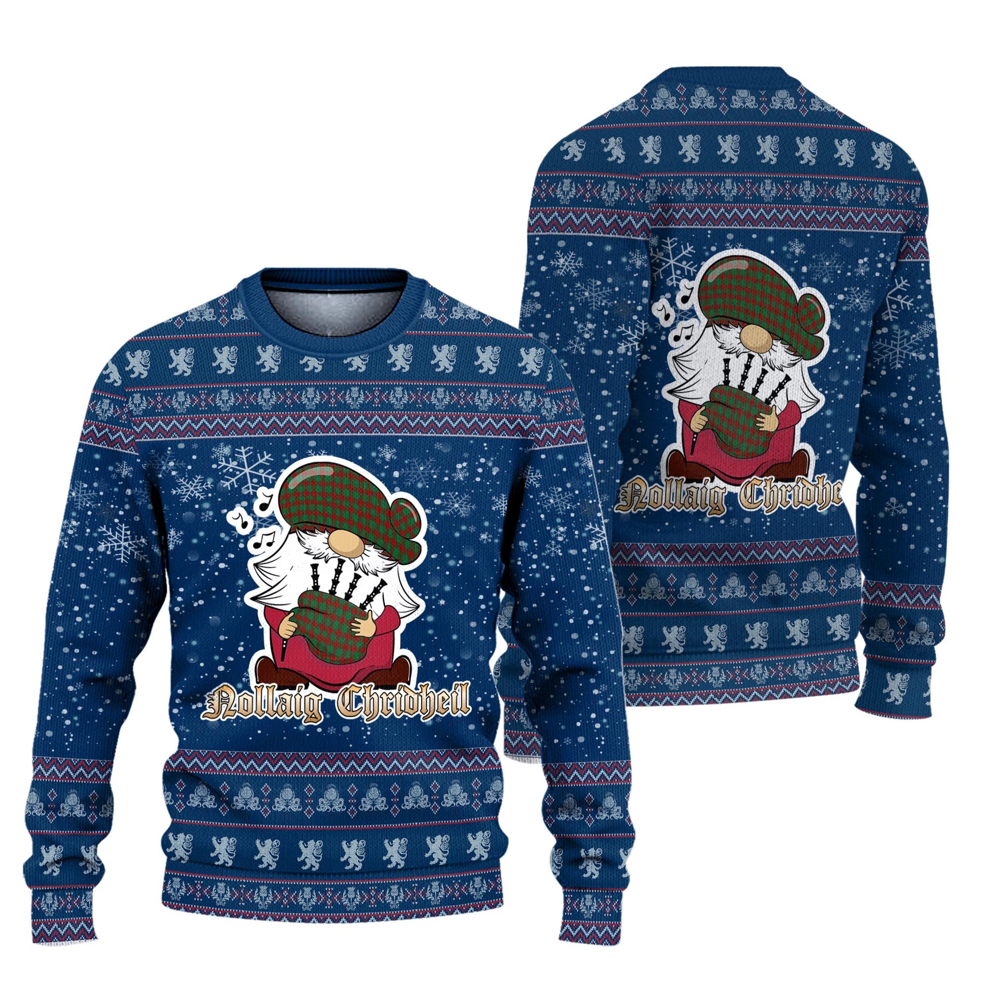 Donachie Clan Christmas Family Knitted Sweater with Funny Gnome Playing Bagpipes Unisex Blue - Tartanvibesclothing