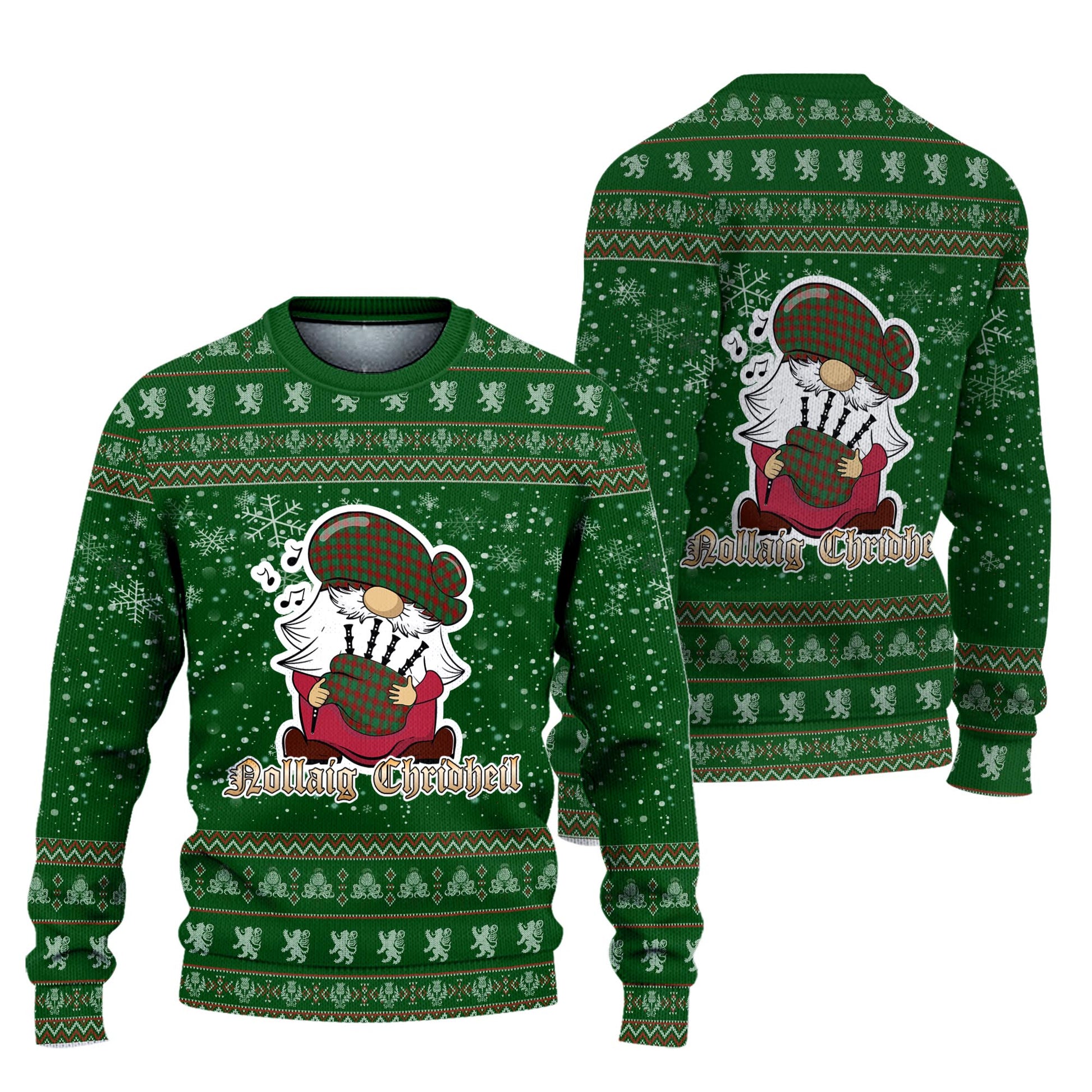 Donachie Clan Christmas Family Knitted Sweater with Funny Gnome Playing Bagpipes Unisex Green - Tartanvibesclothing