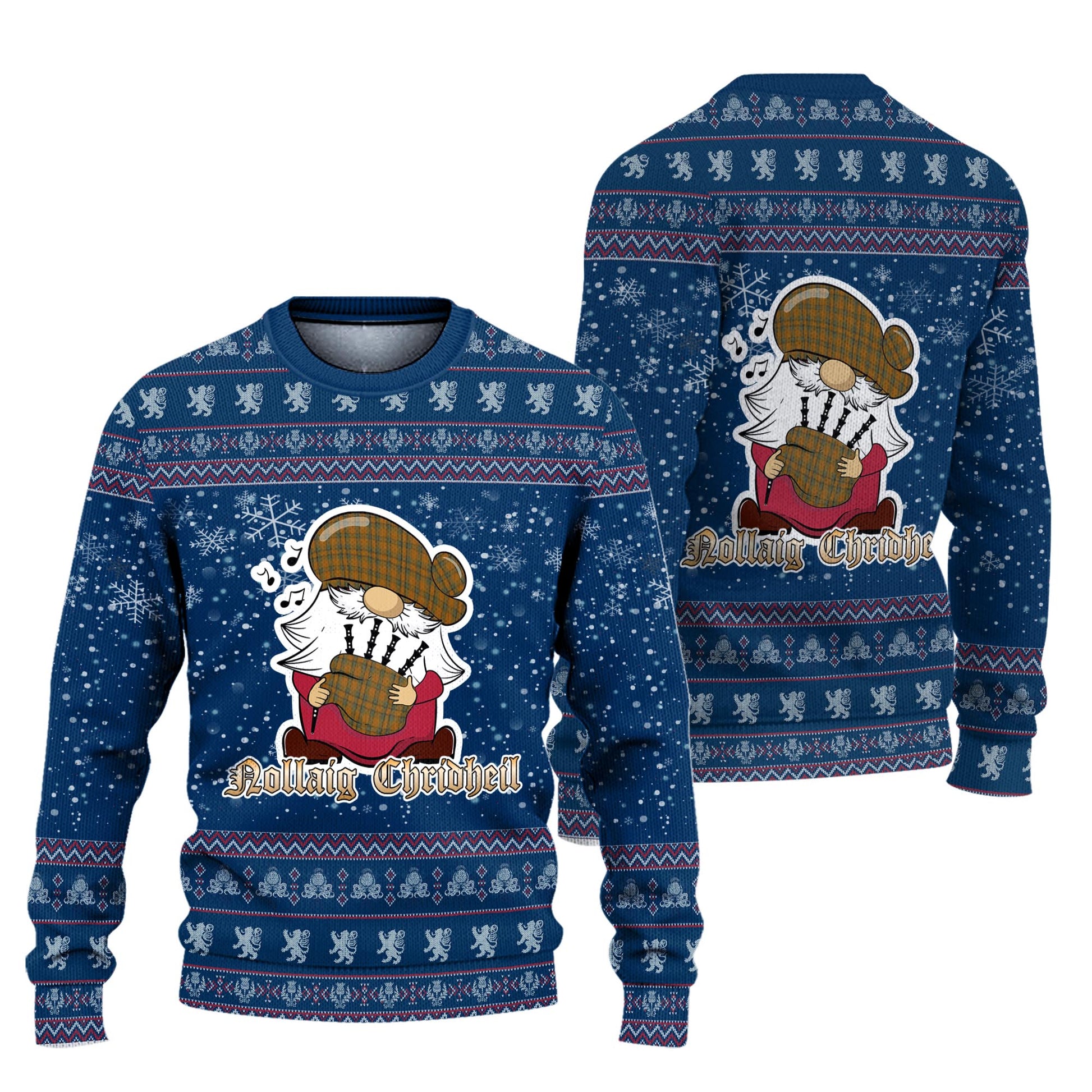 Donachie of Brockloch Ancient Hunting Clan Christmas Family Knitted Sweater with Funny Gnome Playing Bagpipes Unisex Blue - Tartanvibesclothing