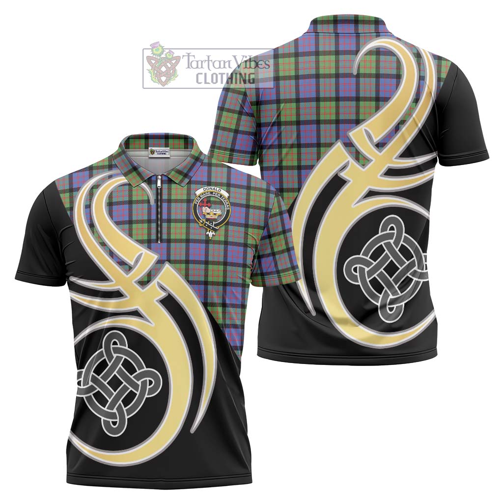 Tartan Vibes Clothing Donald Ancient Tartan Zipper Polo Shirt with Family Crest and Celtic Symbol Style