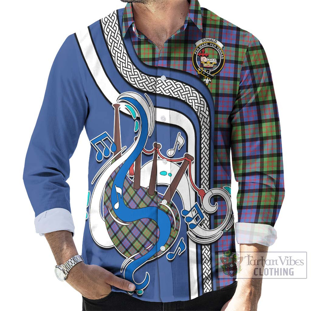 Donald Ancient Tartan Long Sleeve Button Shirt with Epic Bagpipe Style - Tartanvibesclothing Shop