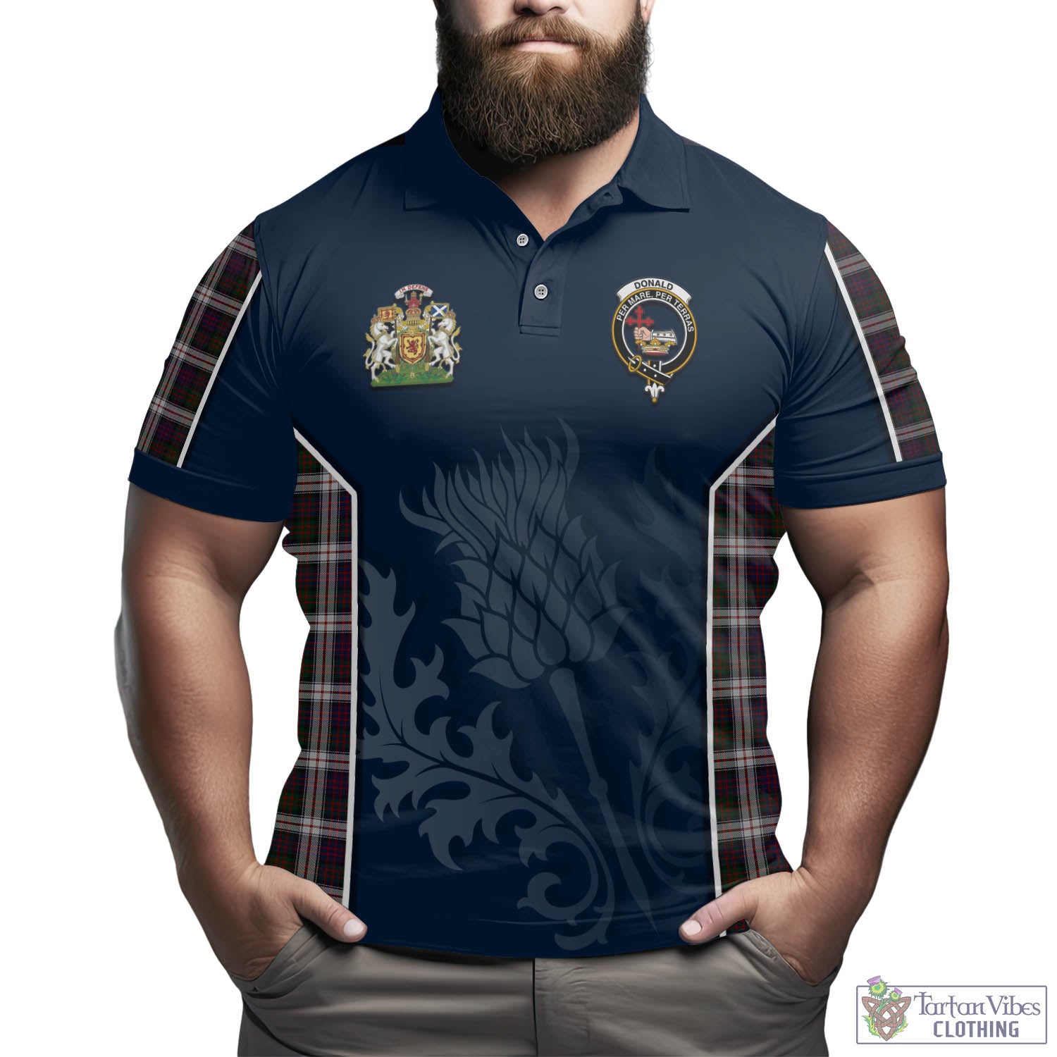 Donald Dress Tartan Men's Polo Shirt with Family Crest and Scottish Thistle Vibes Sport Style - Tartan Vibes Clothing