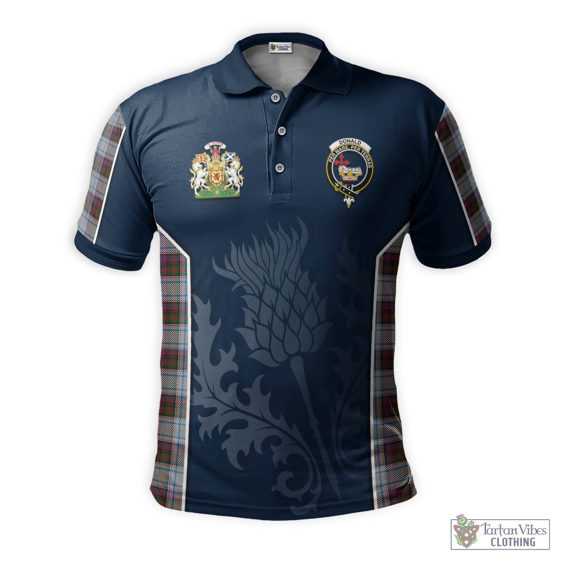 Donald Dress Ancient Tartan Men's Polo Shirt with Family Crest and Scottish Thistle Vibes Sport Style - Tartan Vibes Clothing