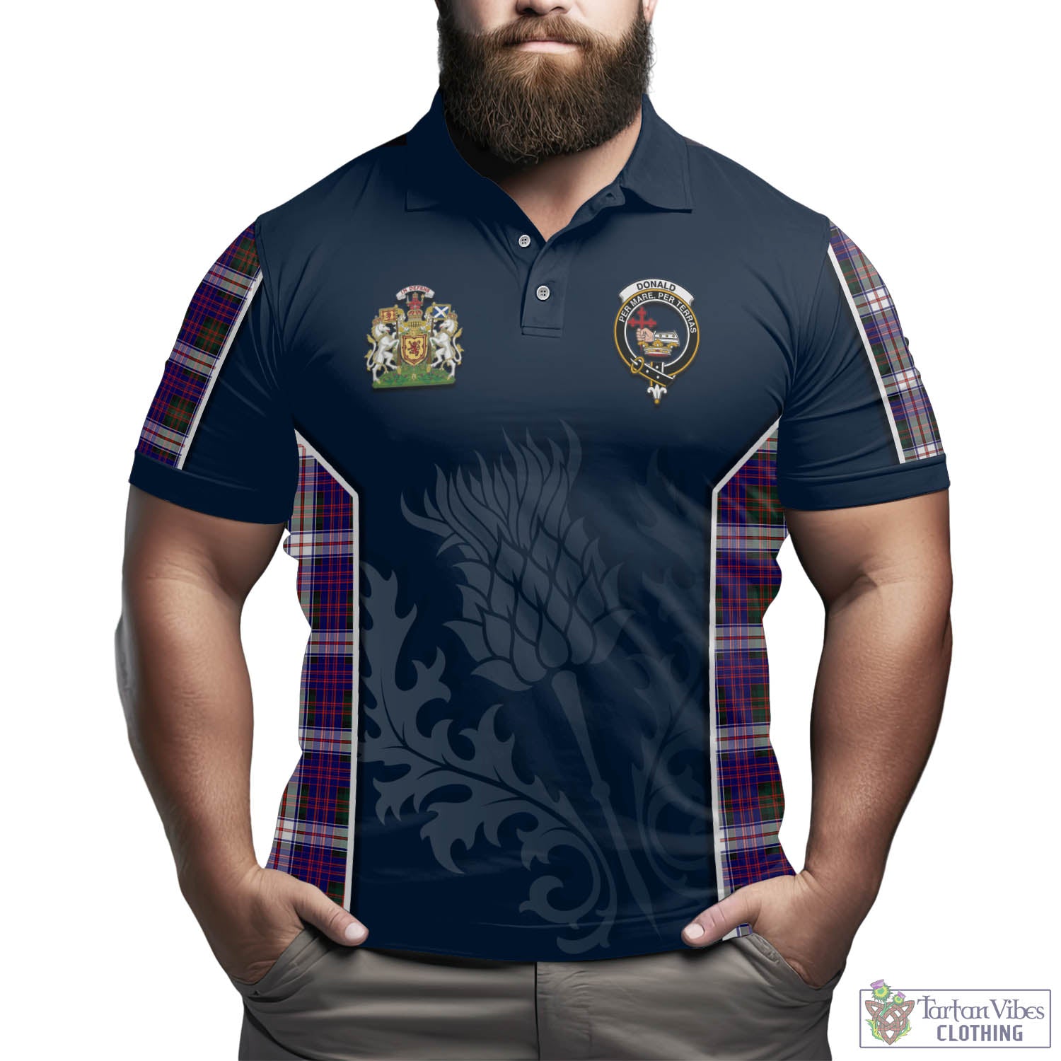 Donald Dress Modern Tartan Men's Polo Shirt with Family Crest and Scottish Thistle Vibes Sport Style - Tartan Vibes Clothing