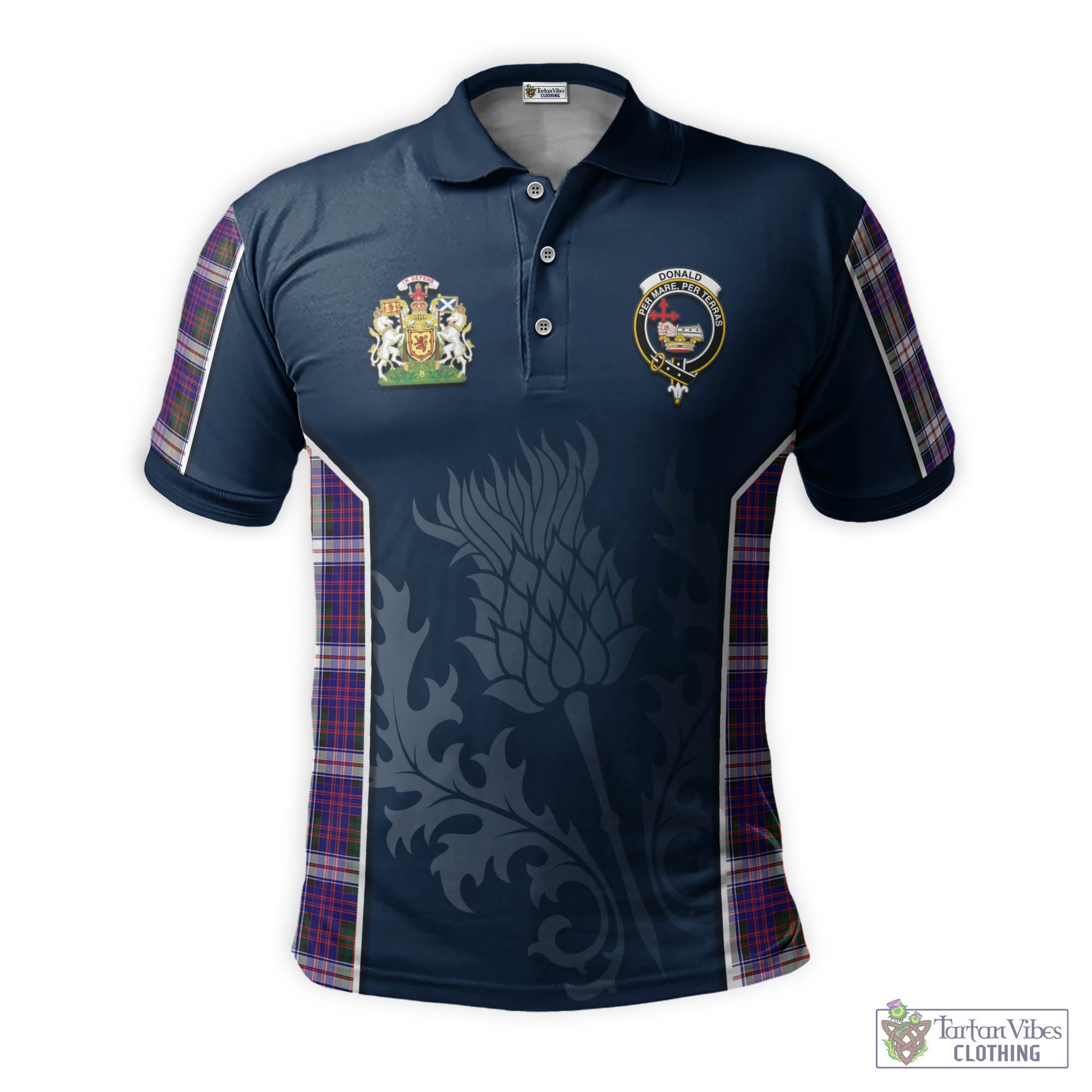 Donald Dress Modern Tartan Men's Polo Shirt with Family Crest and Scottish Thistle Vibes Sport Style - Tartan Vibes Clothing