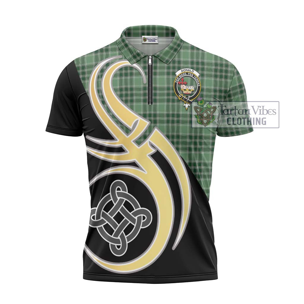 Tartan Vibes Clothing Donald Lord of the Isles Hunting Tartan Zipper Polo Shirt with Family Crest and Celtic Symbol Style