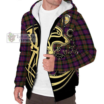 Donald Modern Tartan Sherpa Hoodie with Family Crest Celtic Wolf Style