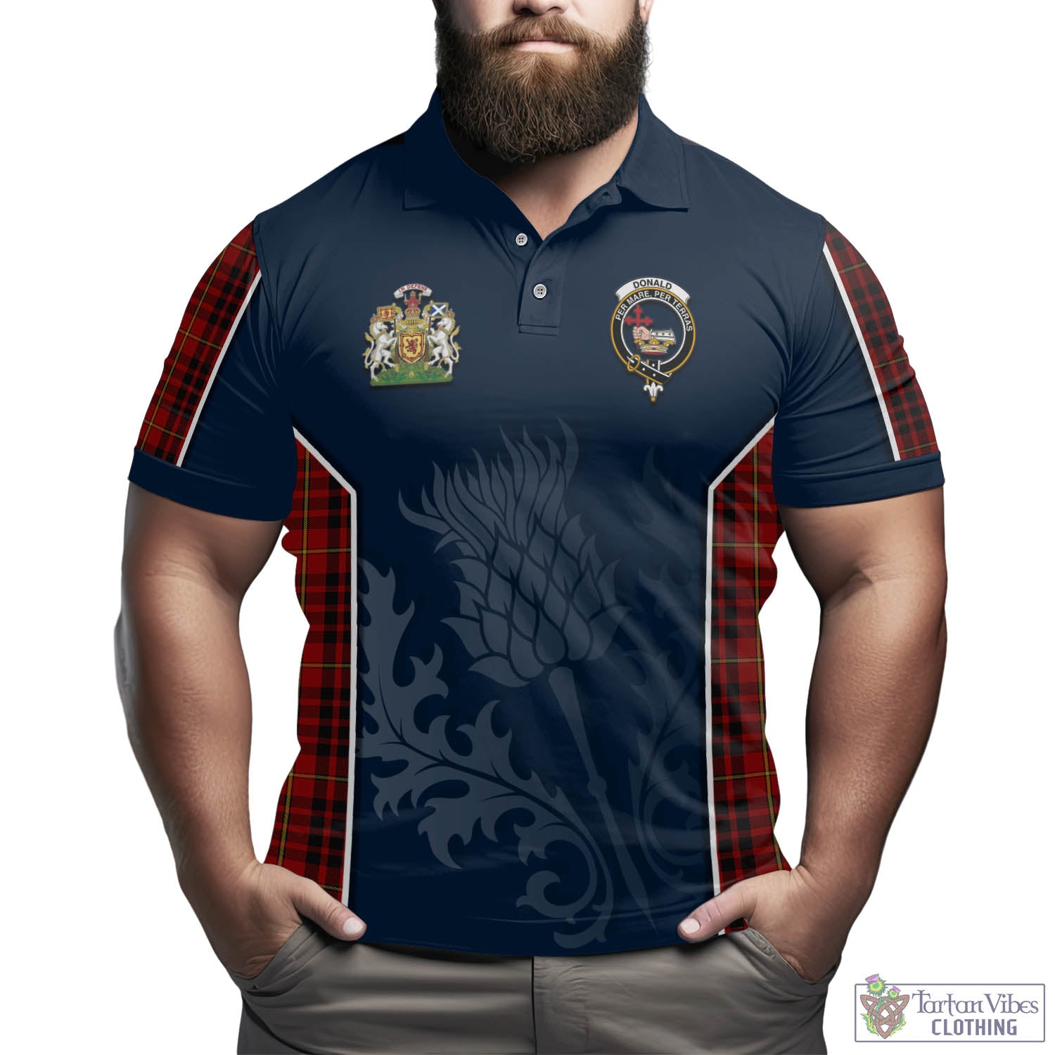 Donald of Ardnamurchan Tartan Men's Polo Shirt with Family Crest and Scottish Thistle Vibes Sport Style - Tartan Vibes Clothing