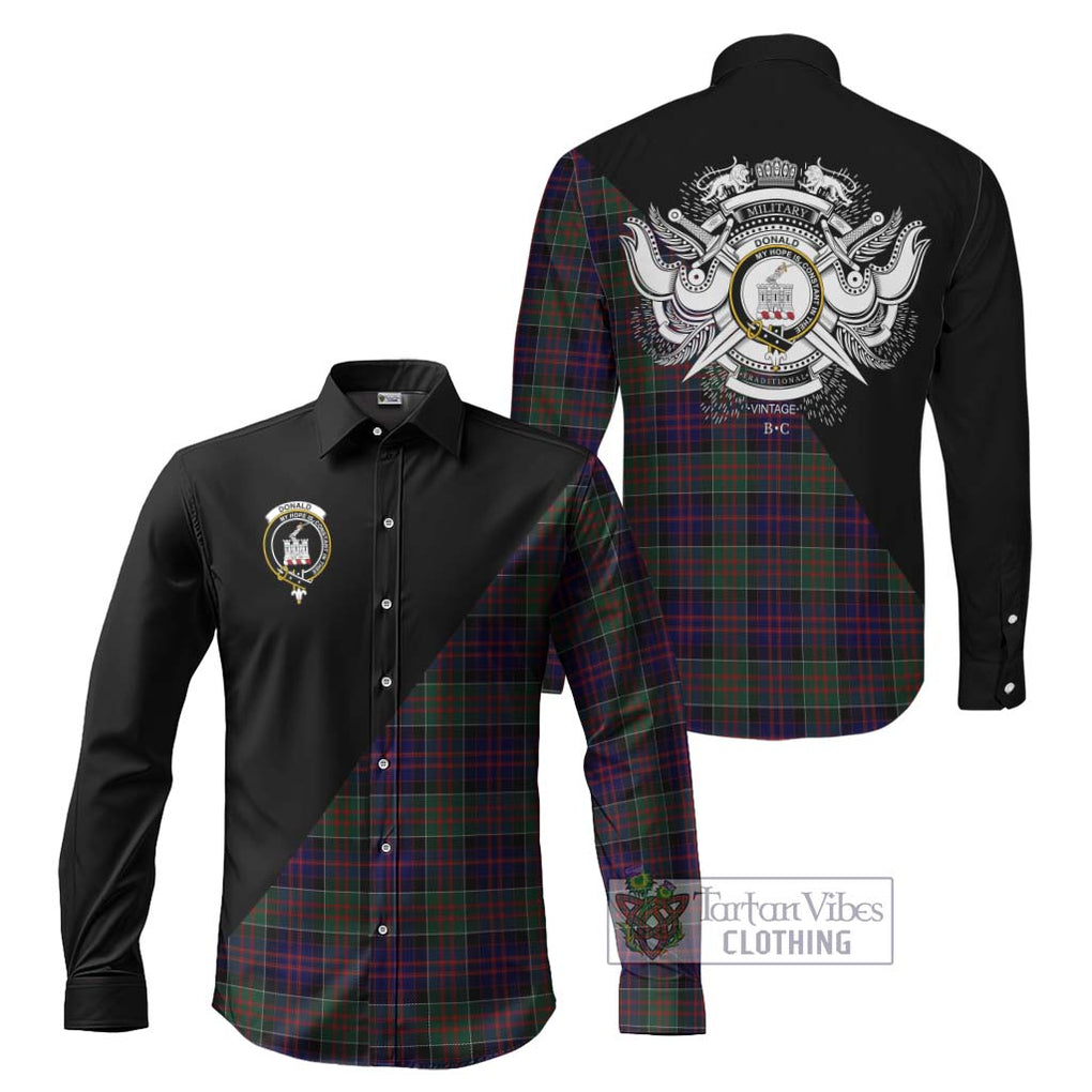 Donald of Clan Ranald Tartan Long Sleeve Button Shirt with Family Crest and Military Logo Style Men's Shirt S - Tartanvibesclothing Shop