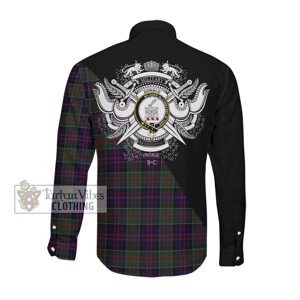 Donald of Clan Ranald Tartan Long Sleeve Button Shirt with Family Crest and Military Logo Style Men's Shirt - Tartanvibesclothing Shop