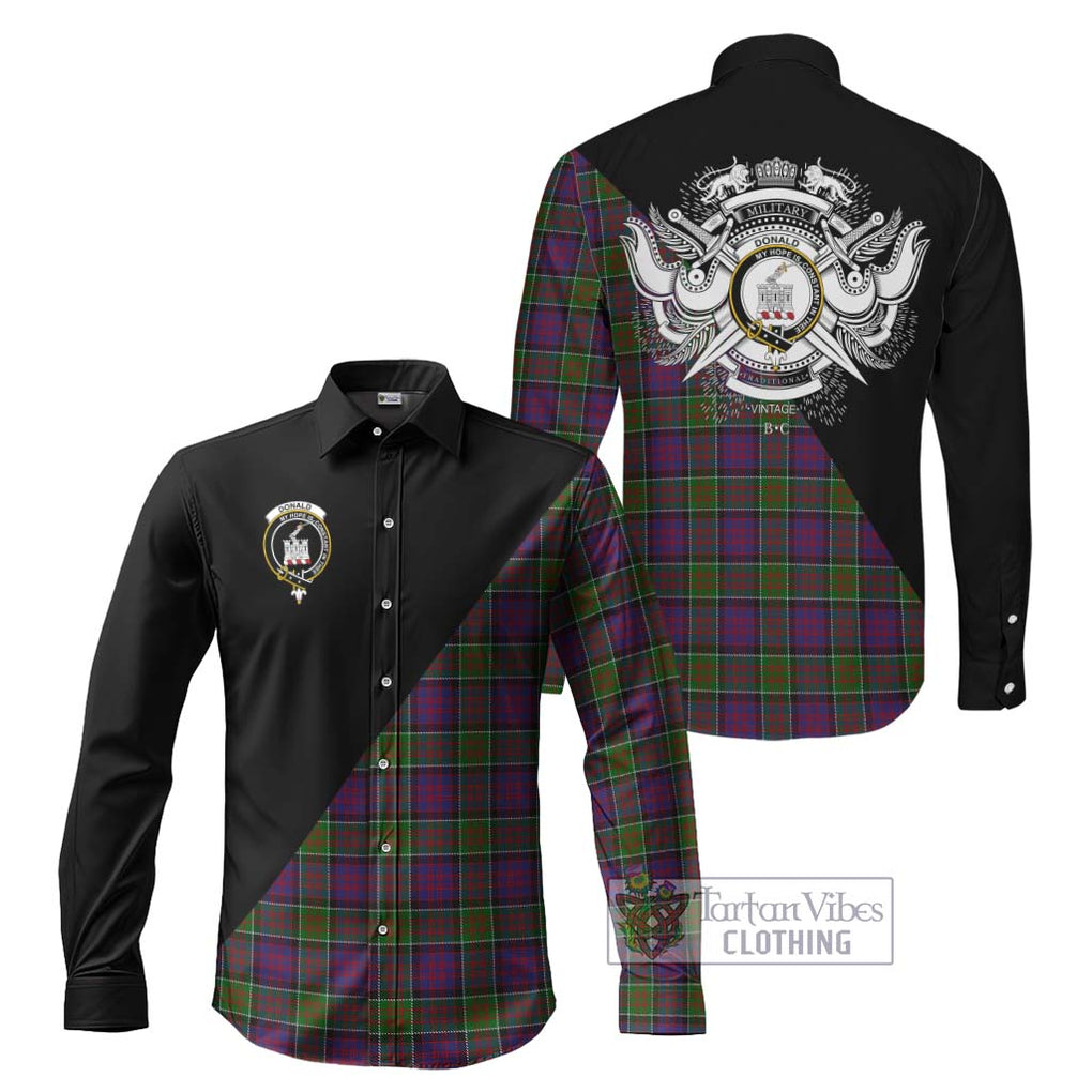 Donald of Clan Ranald Modern Tartan Long Sleeve Button Shirt with Family Crest and Military Logo Style Men's Shirt S - Tartanvibesclothing Shop