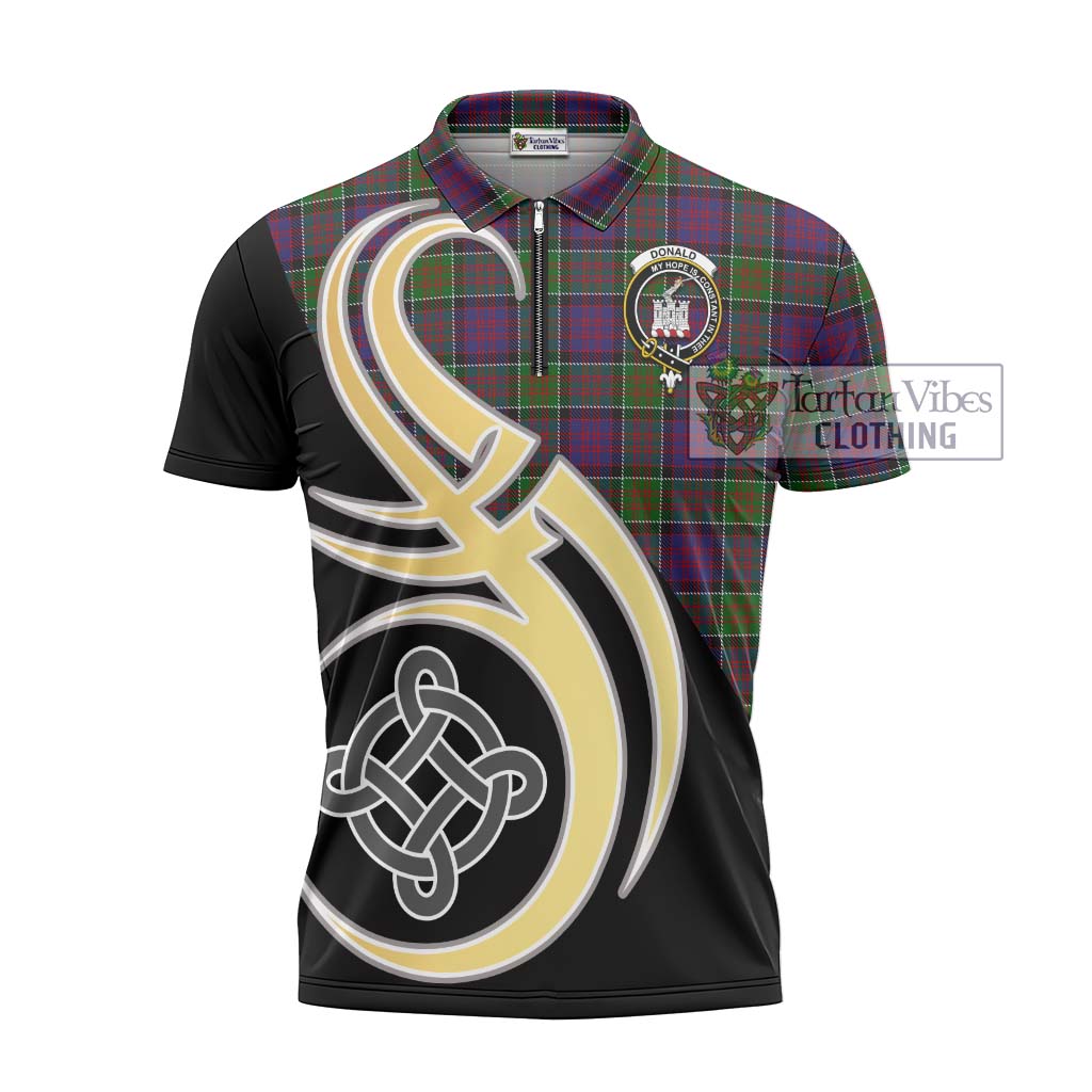 Tartan Vibes Clothing Donald of Clan Ranald Modern Tartan Zipper Polo Shirt with Family Crest and Celtic Symbol Style