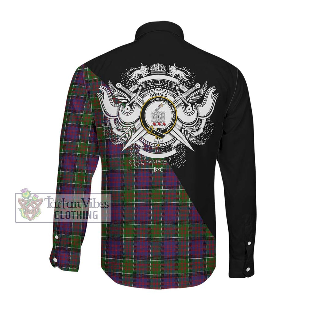 Donald of Clan Ranald Modern Tartan Long Sleeve Button Shirt with Family Crest and Military Logo Style Men's Shirt - Tartanvibesclothing Shop