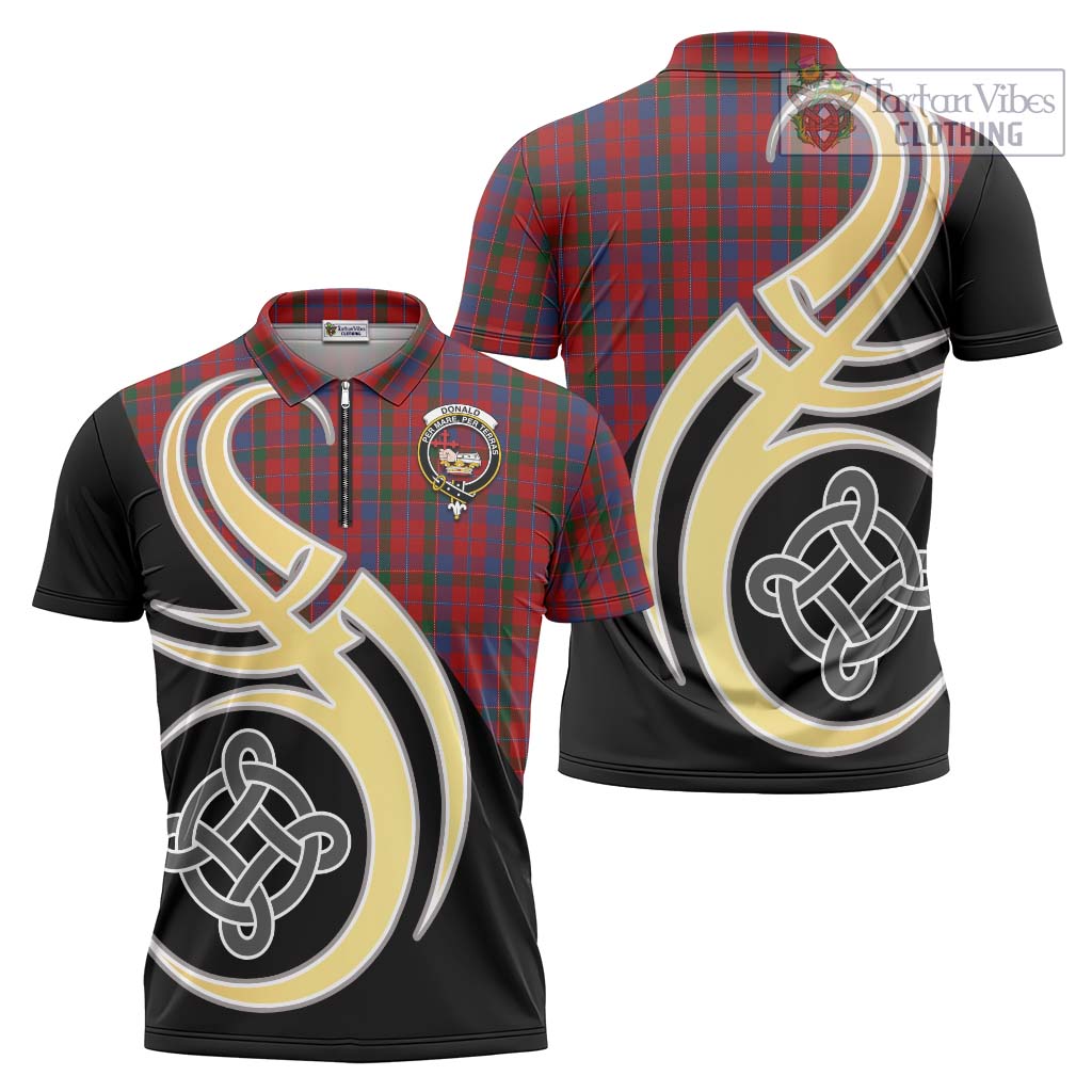 Tartan Vibes Clothing Donald of Glenaladale Tartan Zipper Polo Shirt with Family Crest and Celtic Symbol Style