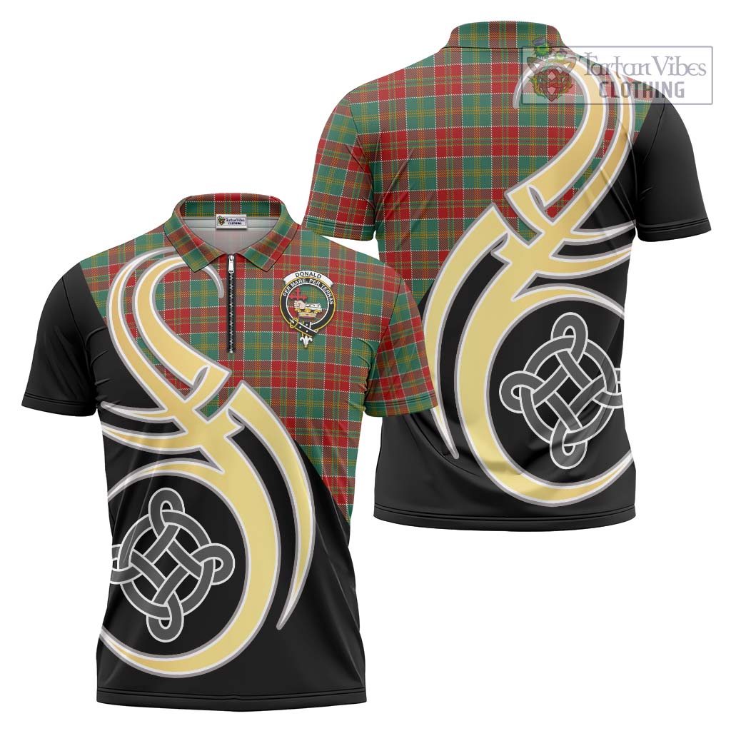 Tartan Vibes Clothing Donald of Kingsburgh Tartan Zipper Polo Shirt with Family Crest and Celtic Symbol Style