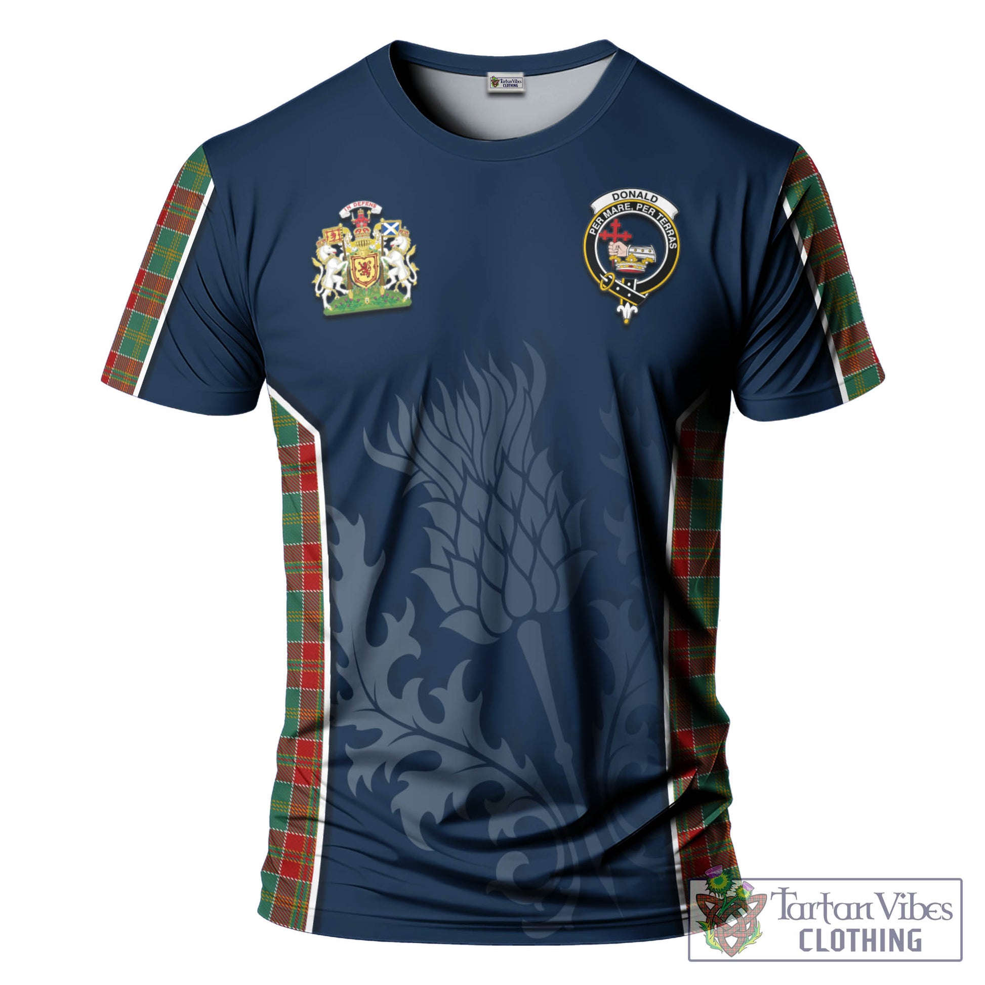 Tartan Vibes Clothing Donald of Kingsburgh Tartan T-Shirt with Family Crest and Scottish Thistle Vibes Sport Style