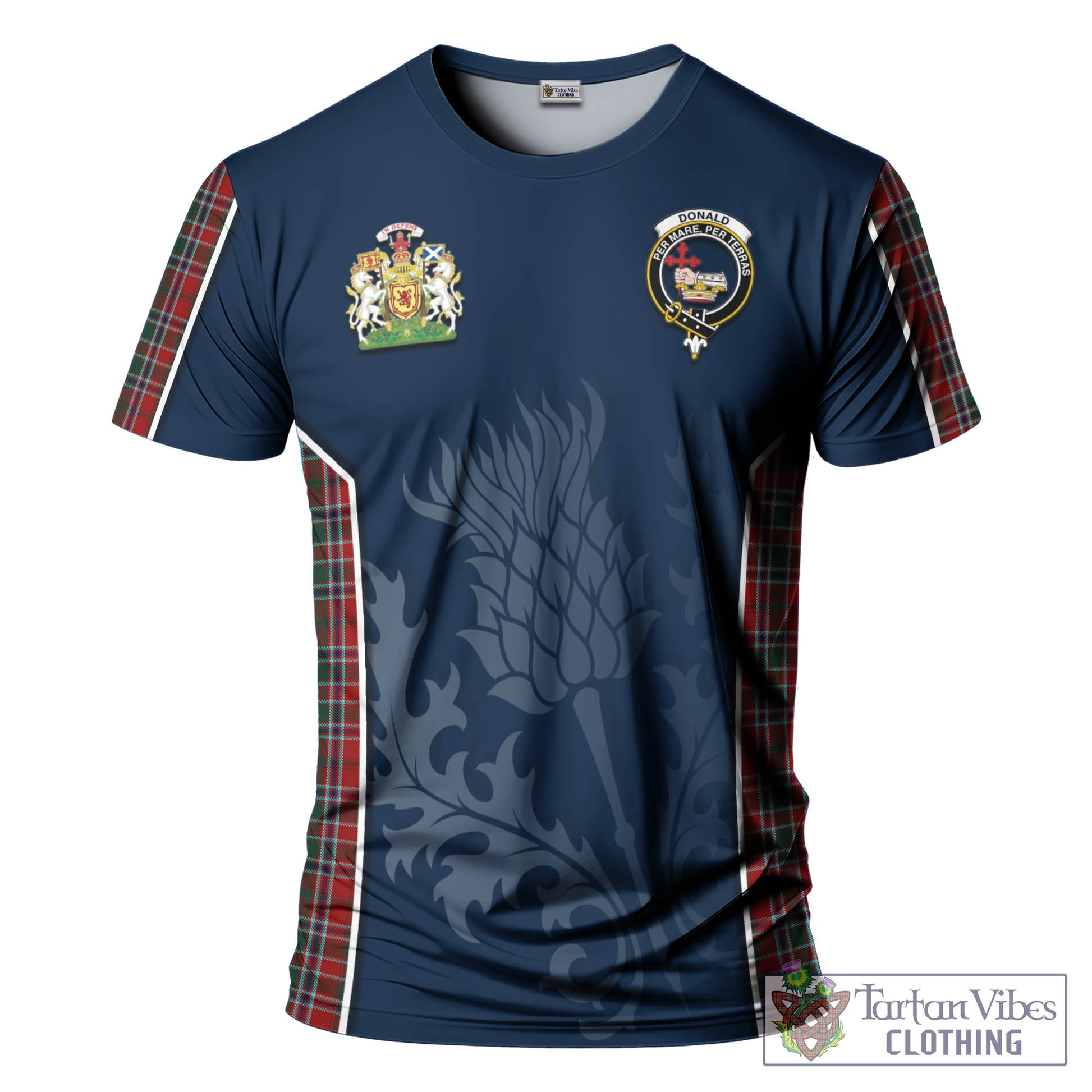 Tartan Vibes Clothing Donald of Lochmaddy Tartan T-Shirt with Family Crest and Scottish Thistle Vibes Sport Style