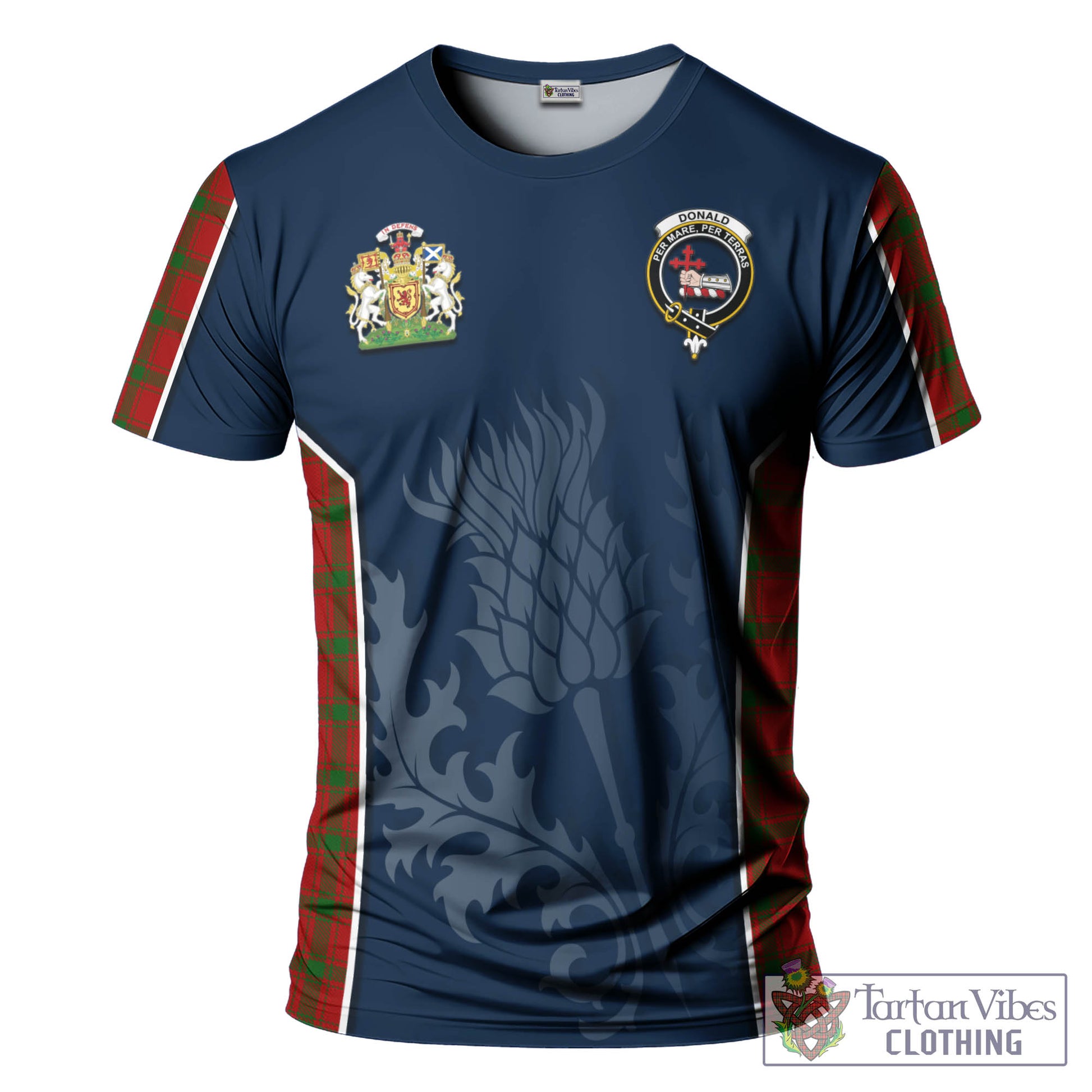 Tartan Vibes Clothing Donald of Sleat Tartan T-Shirt with Family Crest and Scottish Thistle Vibes Sport Style