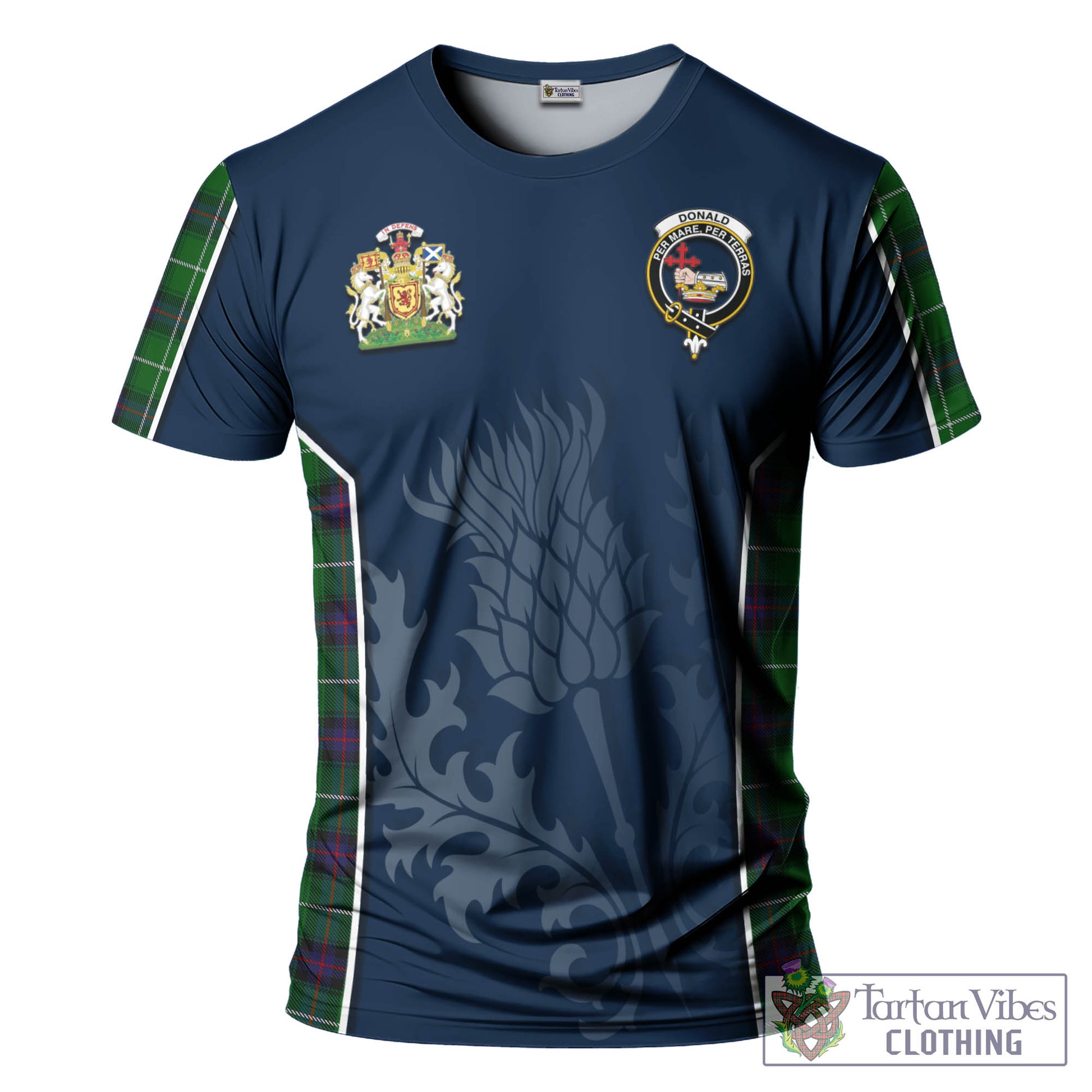 Tartan Vibes Clothing Donald of The Isles Tartan T-Shirt with Family Crest and Scottish Thistle Vibes Sport Style