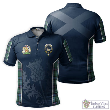 Donald of the Isles Hunting Ancient Tartan Men's Polo Shirt with Family Crest and Scottish Thistle Vibes Sport Style