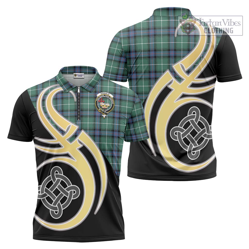 Tartan Vibes Clothing Donald of the Isles Hunting Ancient Tartan Zipper Polo Shirt with Family Crest and Celtic Symbol Style