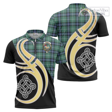 Donald of the Isles Hunting Ancient Tartan Zipper Polo Shirt with Family Crest and Celtic Symbol Style