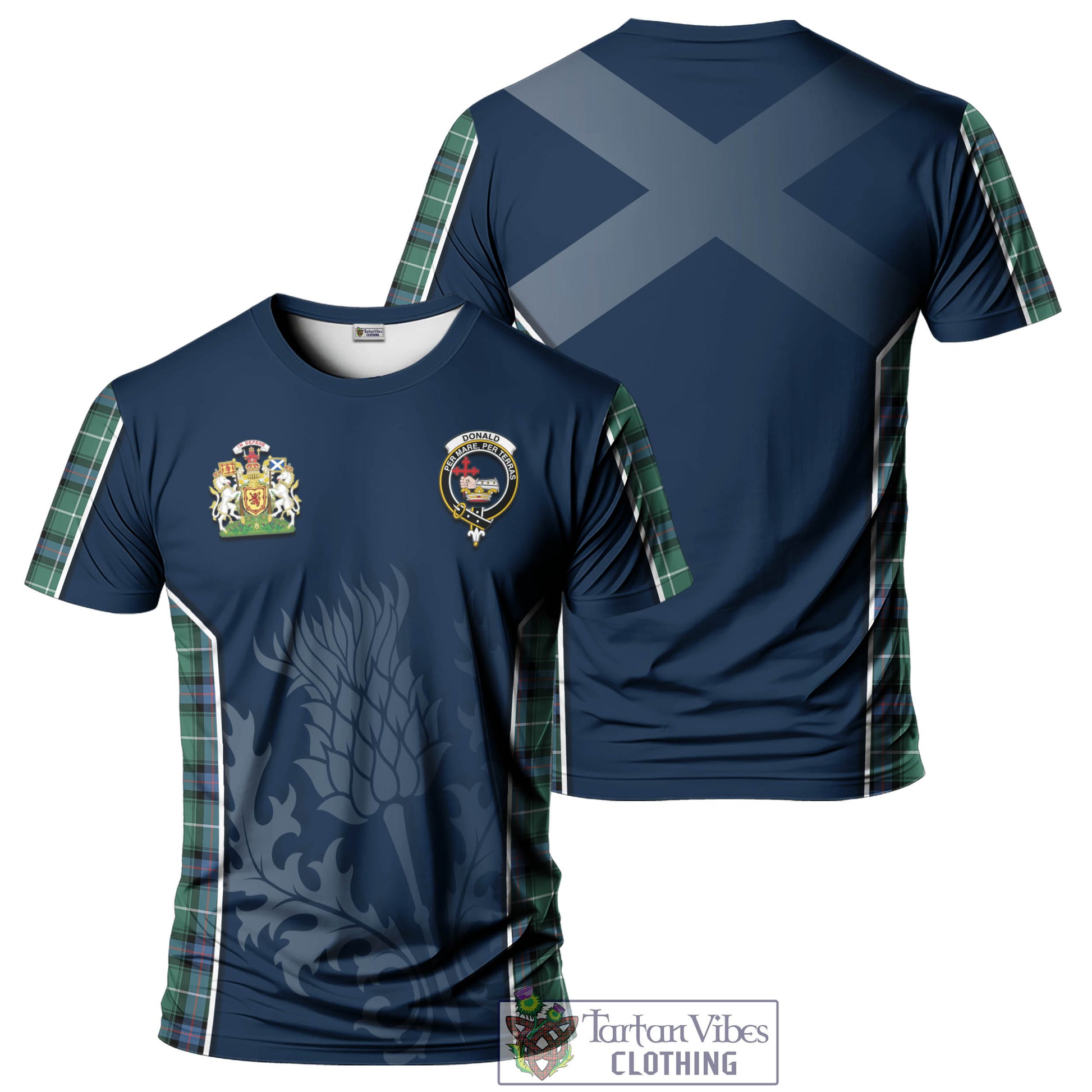 Tartan Vibes Clothing Donald of the Isles Hunting Ancient Tartan T-Shirt with Family Crest and Scottish Thistle Vibes Sport Style