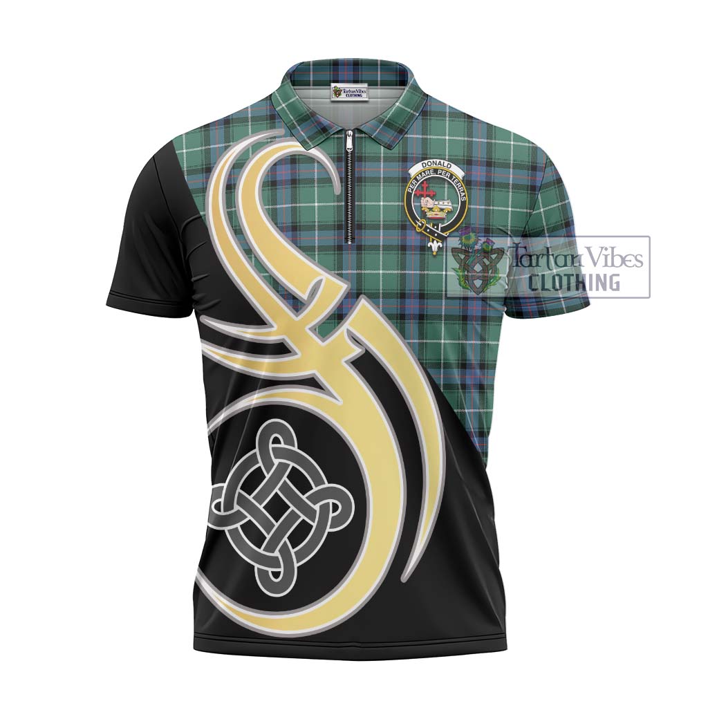 Tartan Vibes Clothing Donald of the Isles Hunting Ancient Tartan Zipper Polo Shirt with Family Crest and Celtic Symbol Style