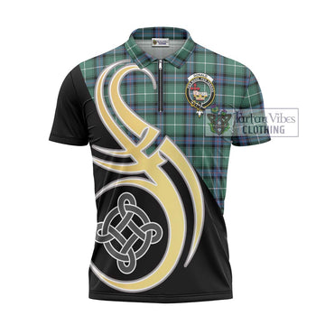 Donald of the Isles Hunting Ancient Tartan Zipper Polo Shirt with Family Crest and Celtic Symbol Style