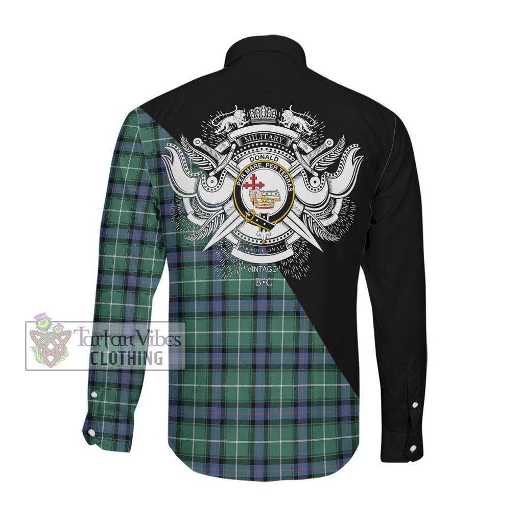 Donald of the Isles Hunting Ancient Tartan Long Sleeve Button Shirt with Family Crest and Military Logo Style Men's Shirt - Tartanvibesclothing Shop