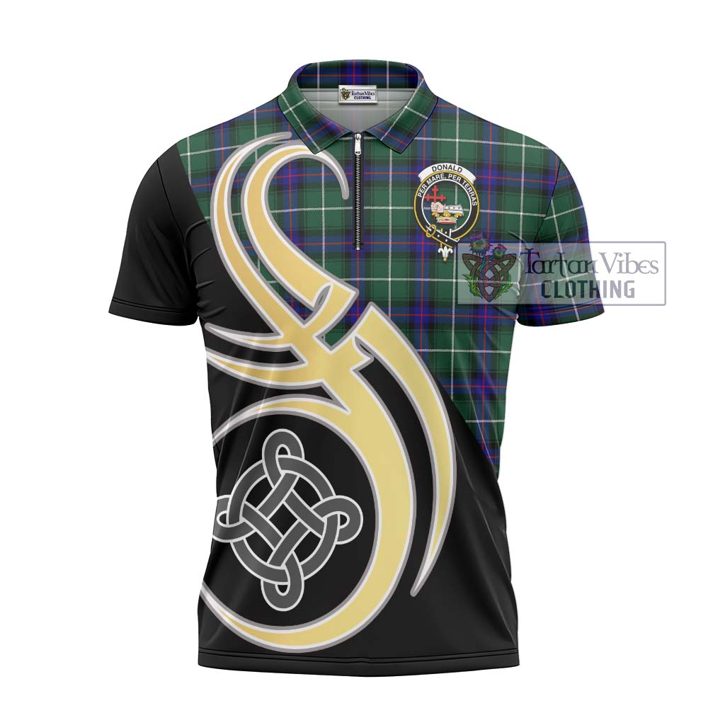 Tartan Vibes Clothing Donald of the Isles Hunting Modern Tartan Zipper Polo Shirt with Family Crest and Celtic Symbol Style