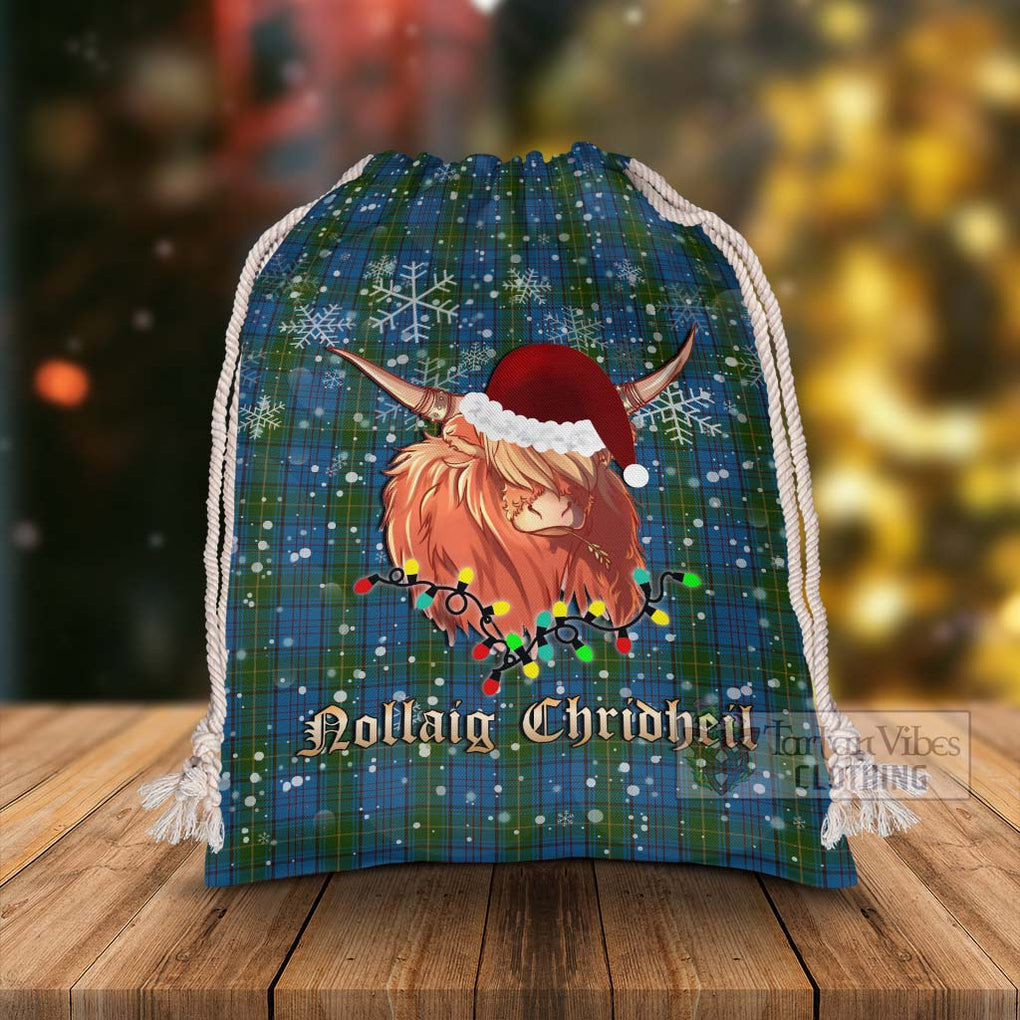 Tartan Vibes Clothing Donegal County Ireland Tartan Christmas Santa's Bag with Highland Cow