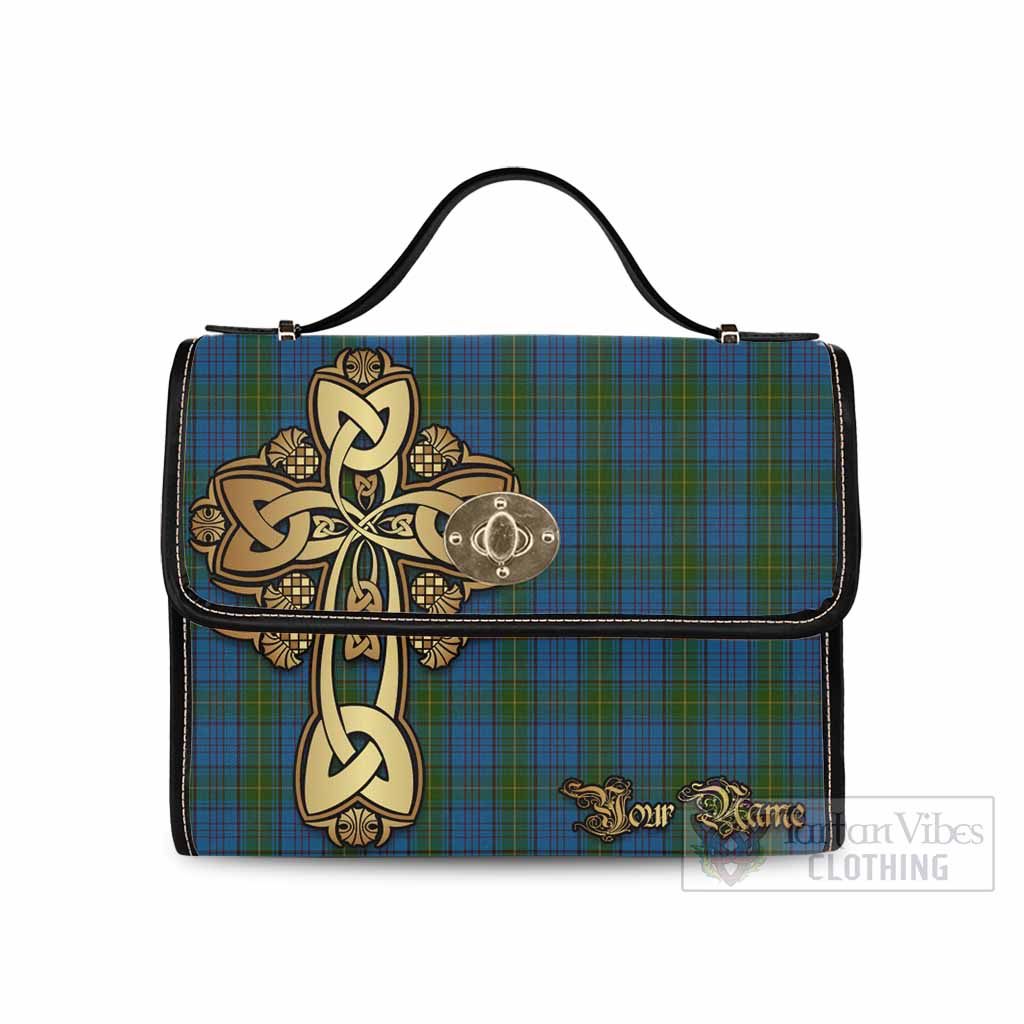 Tartan Vibes Clothing Donegal County Ireland Tartan Waterproof Canvas Bag Golden Thistle Celtic Cross Style