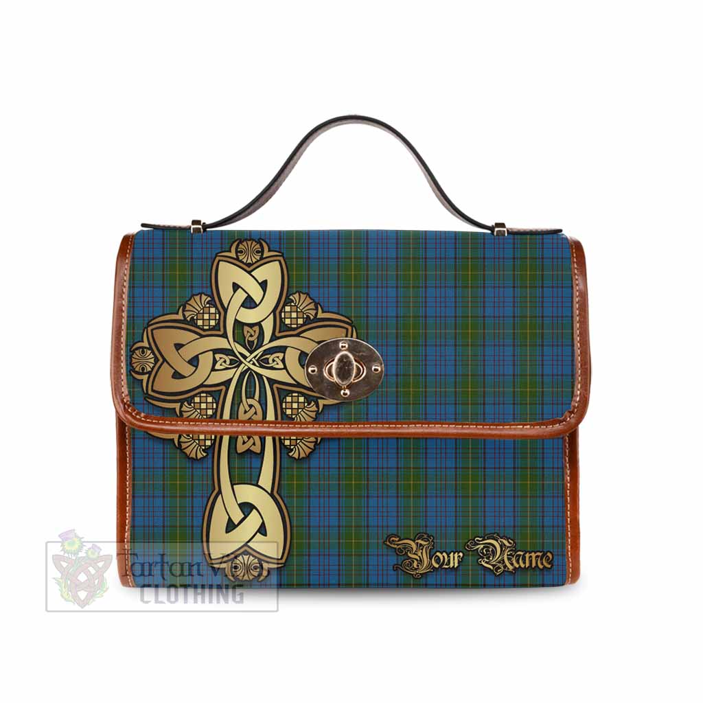 Tartan Vibes Clothing Donegal County Ireland Tartan Waterproof Canvas Bag Golden Thistle Celtic Cross Style