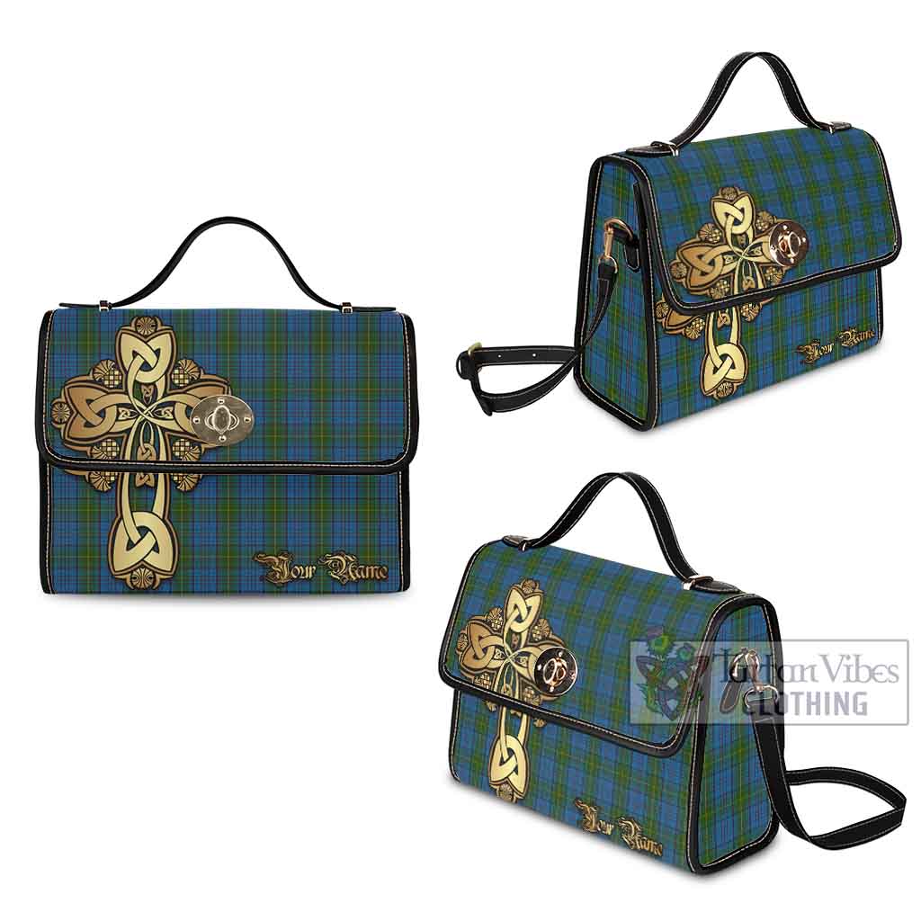 Tartan Vibes Clothing Donegal County Ireland Tartan Waterproof Canvas Bag Golden Thistle Celtic Cross Style