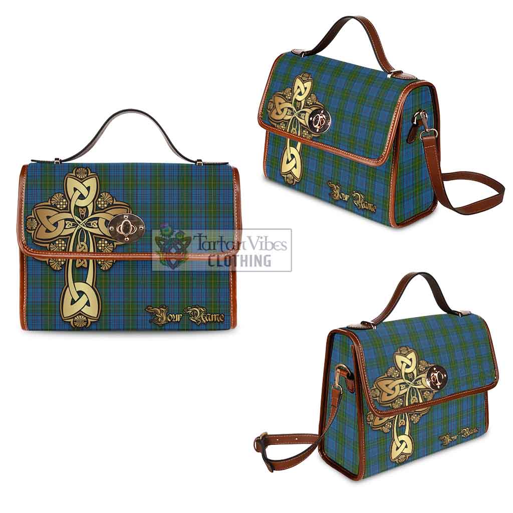 Tartan Vibes Clothing Donegal County Ireland Tartan Waterproof Canvas Bag Golden Thistle Celtic Cross Style