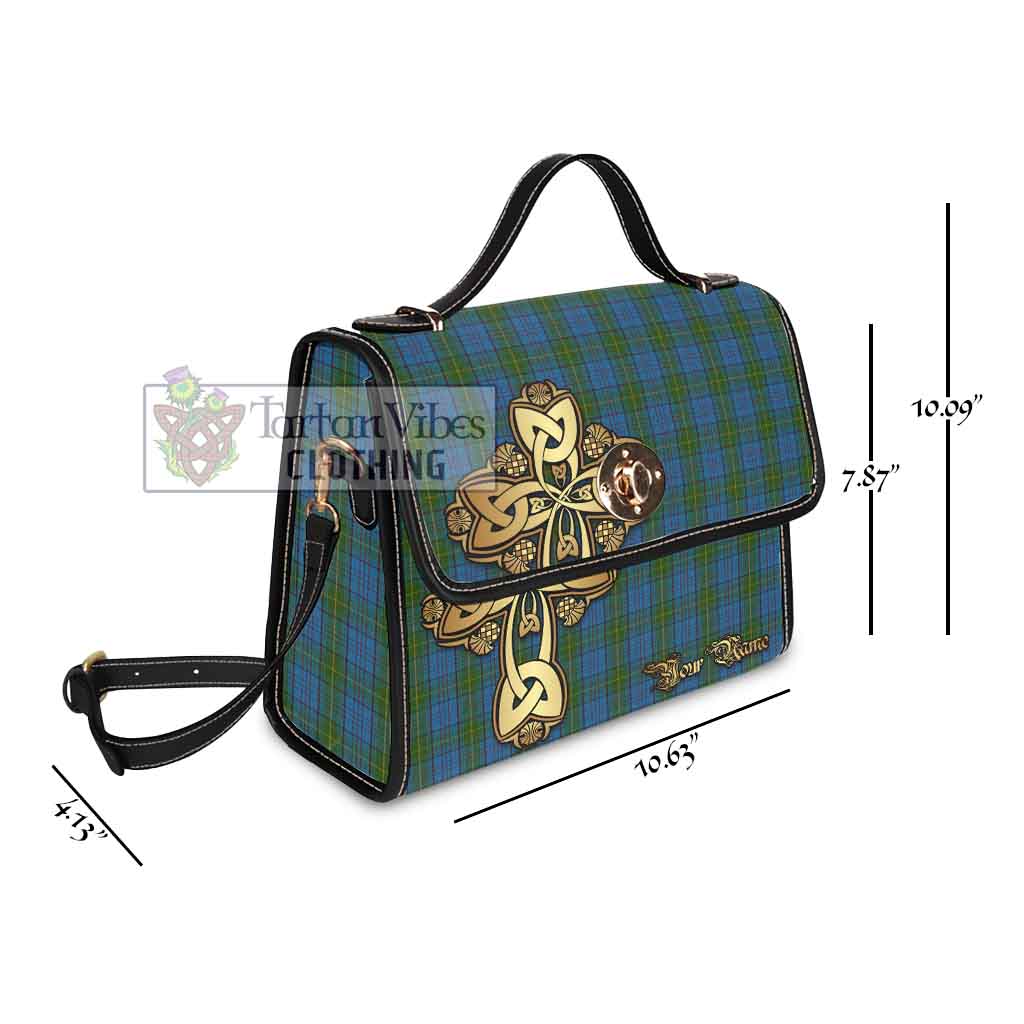 Tartan Vibes Clothing Donegal County Ireland Tartan Waterproof Canvas Bag Golden Thistle Celtic Cross Style