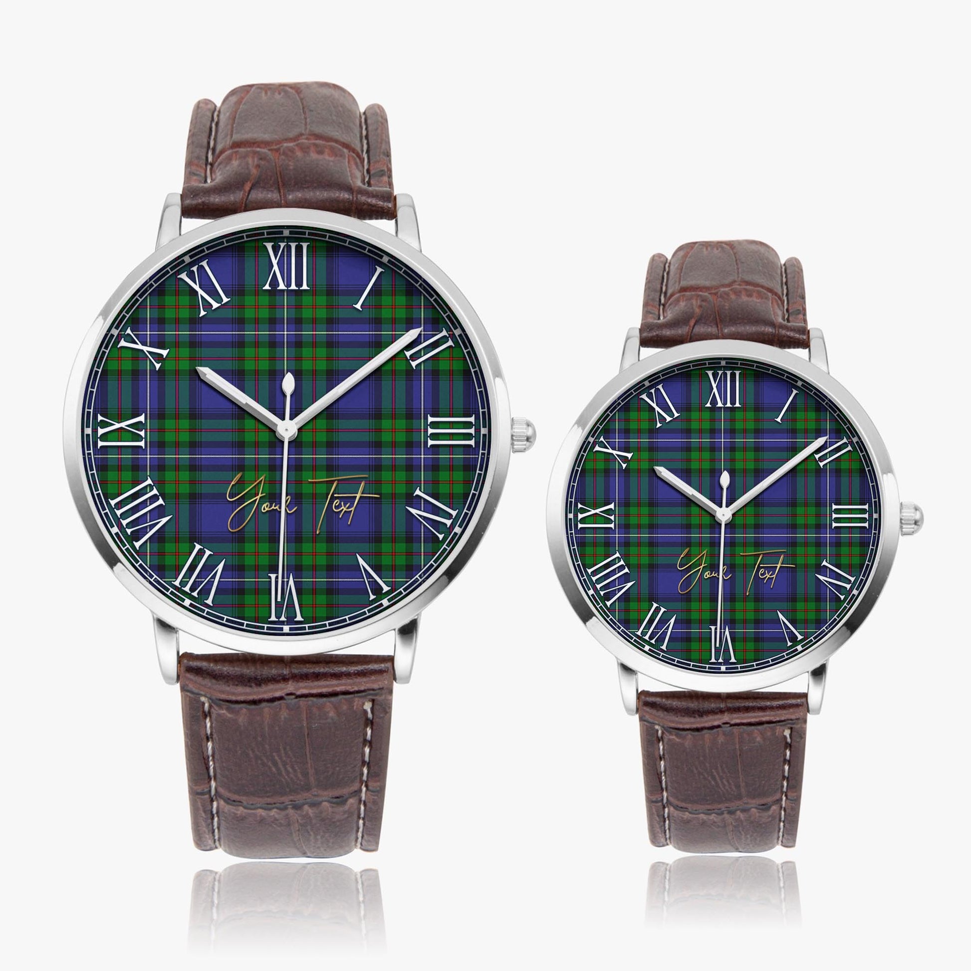 Donnachaidh Tartan Personalized Your Text Leather Trap Quartz Watch Ultra Thin Silver Case With Brown Leather Strap - Tartanvibesclothing