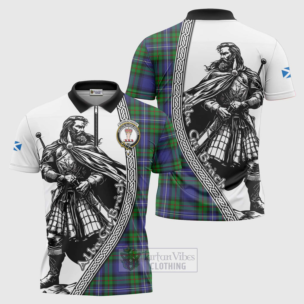 Tartan Vibes Clothing Donnachaidh Tartan Clan Crest Zipper Polo Shirt with Highlander Warrior Celtic Style