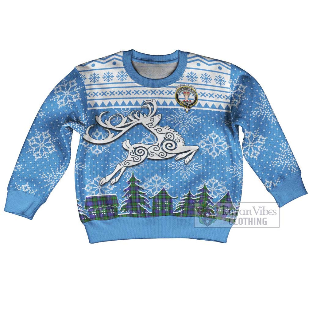 Tartan Vibes Clothing Donnachaidh Clan Christmas Kid Ugly Sweater with Tartan and Celtic Raindeer Style