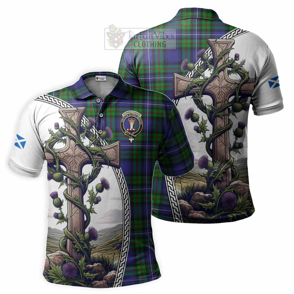 Tartan Vibes Clothing Donnachaidh Tartan Polo Shirt with Family Crest and St. Andrew's Cross Accented by Thistle Vines